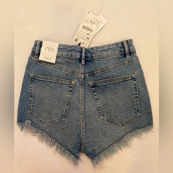 Zara  Blue Jean Shorts With Distressed Hem - Picture 5 of 6